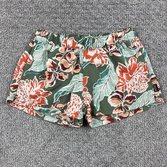 Patagonia Shorts Womens Small Green Floral Baggies Nylon Elastic Waist Pockets - Picture 1 of 11